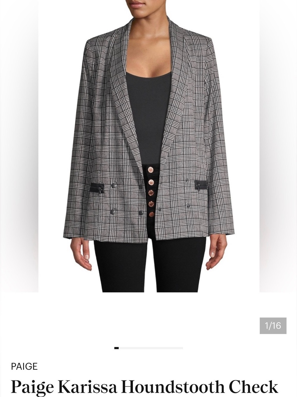 PAIGE Houndstooth Check Open-Front Blazer in Gray and Black Zip Pockets Size XS